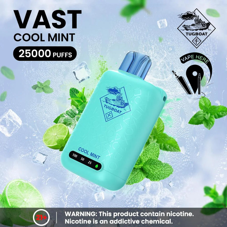 Vast Cool Mint vape device with mint leaves and ice cubes on a light blue background Tugboat VAST 25,000 Puffs