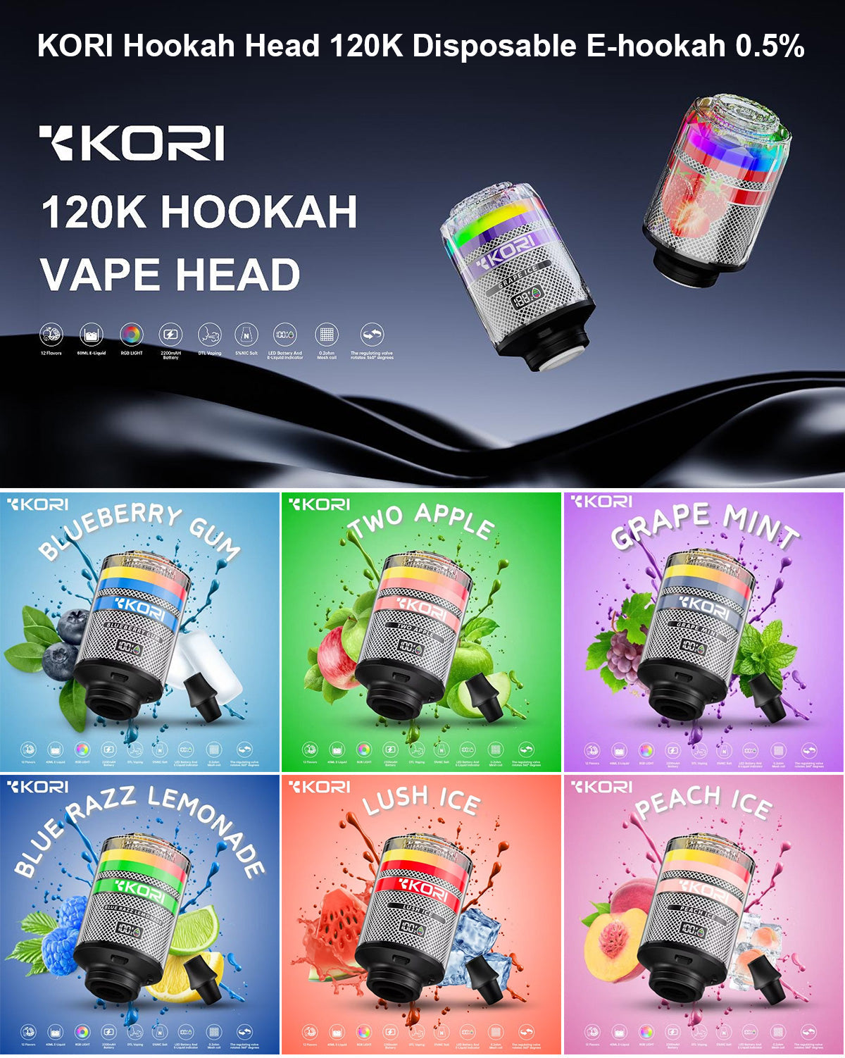 KORI Hookah Head 120K Disposable Vape E-hookah 0.5% (120000 Puffs) In Dubai UAE Vape Hub Smoking Place