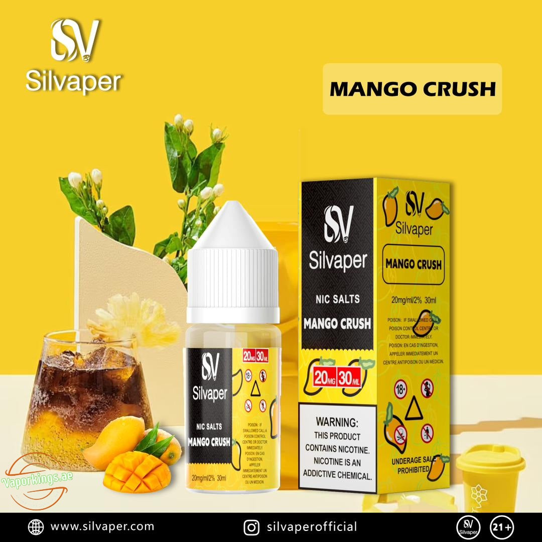 Silvaper Mango Crush vape juice bottle and packaging on a yellow background
