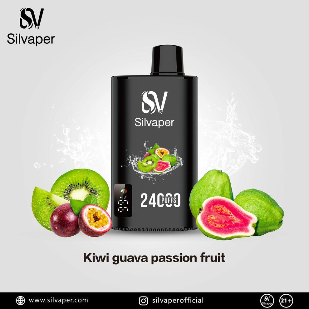 Kiwi Passionfruit Guava: Tropical fusion of tangy kiwi, sweet passionfruit, and smooth guava. Silvaper 24k puffs vape