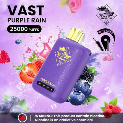 Purple vape device with fruit graphics and 'VAST Purple Rain' branding on a purple background. Tugboat VAST 25,000 Puffs