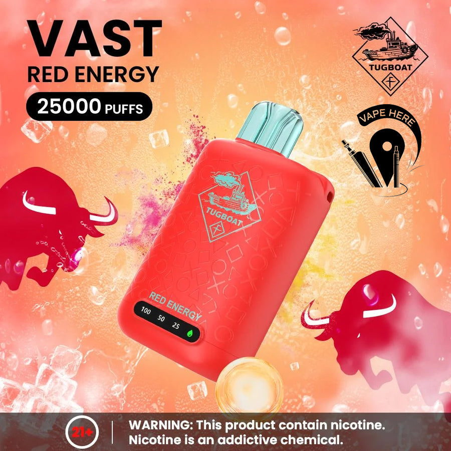Red vape device with 'VAST RED ENERGY'Tugboat VAST 25,000 Puffs