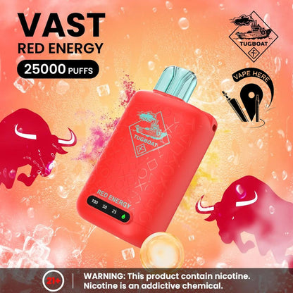 Red vape device with 'VAST RED ENERGY'Tugboat VAST 25,000 Puffs
