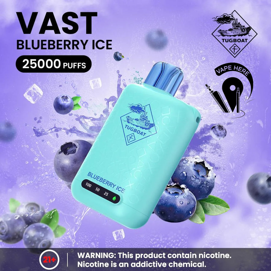 Vaping device with blueberry ice flavor on a purple background Tugboat VAST 25,000 Puffs