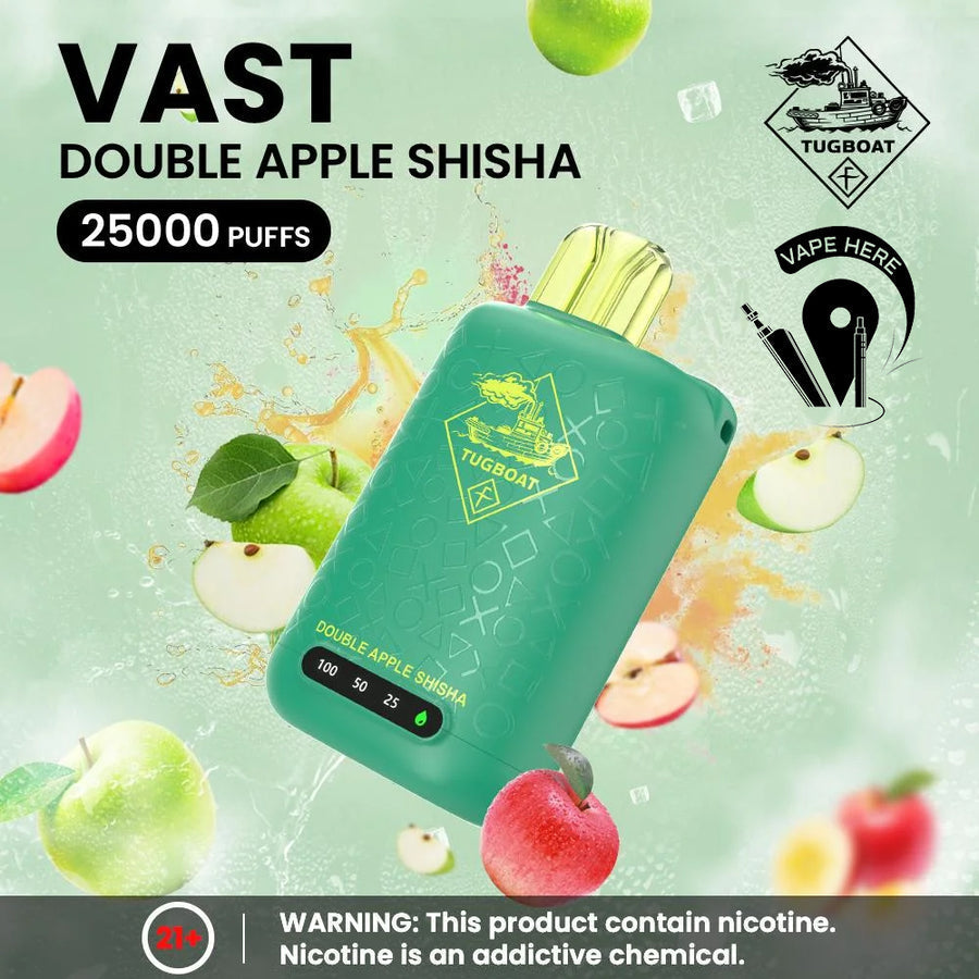 Green vape device with double apple graphics on a light green background Tugboat VAST 25,000 Puffs