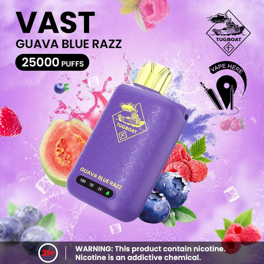 Vaping device with guava blue razz flavor on a colorful background Tugboat VAST 25,000 Puffs
