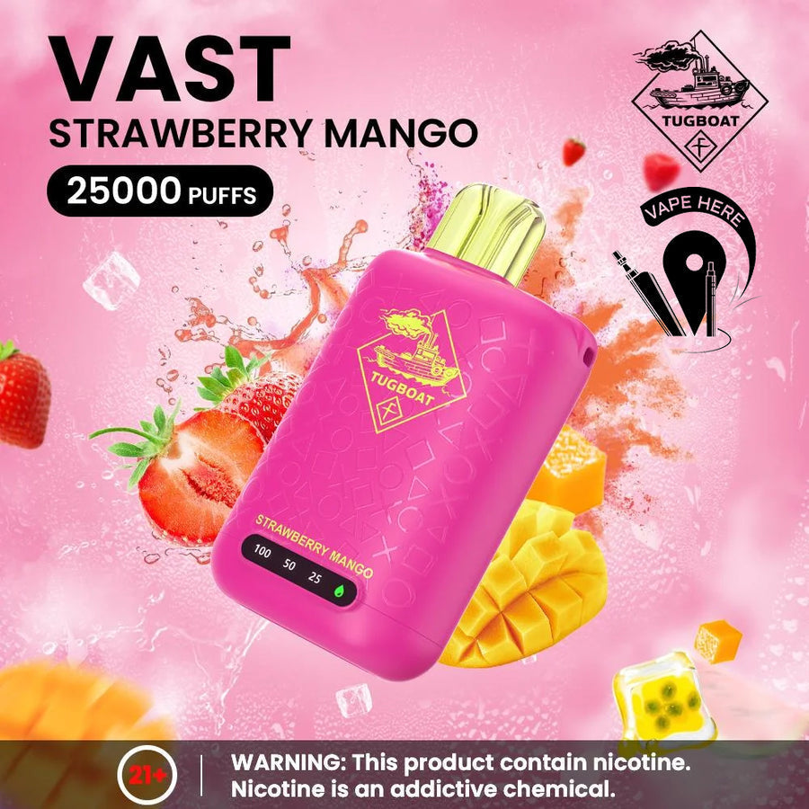 Pink vape device with strawberry and mango graphics on a pink background Tugboat VAST 25,000 Puffs