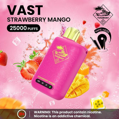 Pink vape device with strawberry and mango graphics on a pink background Tugboat VAST 25,000 Puffs
