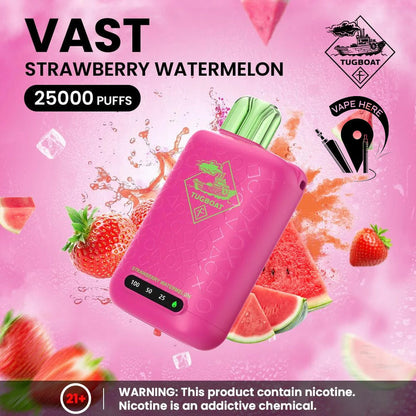 Pink vape device with strawberry and watermelon graphics on a pink background Tugboat VAST 25,000 Puffs